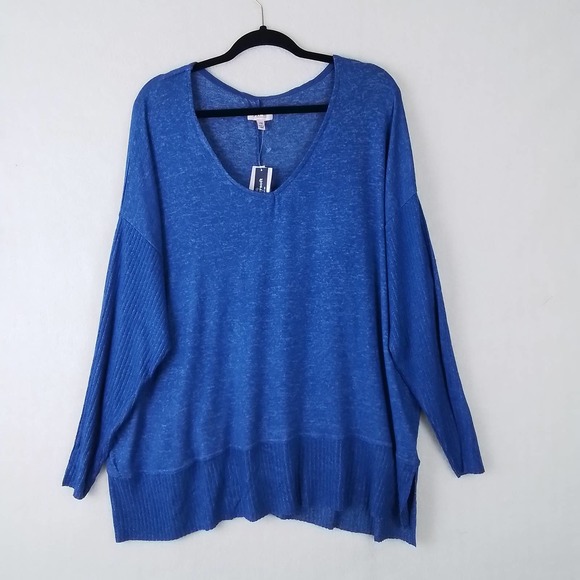 Per Se Womens Sweater 3X Blue Long Sleeve Knit Top Relax Fit Scoop Neck‎ Ribbed - Picture 1 of 12